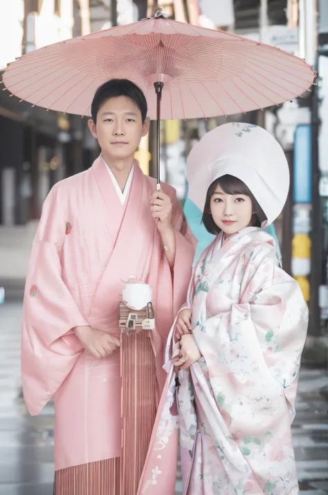 Male and female couples, Japanese umbrella, Kimono, (in 8K, Raw photo, of the highest quality, masutepiece:1.2), Super Detail, 超A high resolution, (Realistic, Photorealistic:1.2), high-definition RAW color photography, professional photograpy, depth of fie...