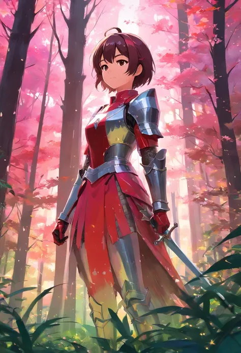 pallet knife and brush strokes, knight off in the distance of a forest, knight in shiny metal armor, pink and red color palette,  studio lighting, ultra-fine painting, sharp focus, extreme detail description, professional, vivid colors, bokeh, landscape