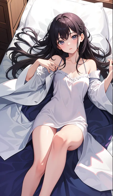 1girl in、AS-Adult、dressing gown、Soft dress、night dress、Lying in bed、One leg open、Upper body portrait、