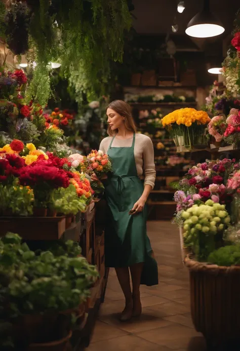 A florist in the city，The interior of the store is simple、Covered with colorful flowers、Large chunks of leafy greenery，A girl takes care of a bouquet in a store