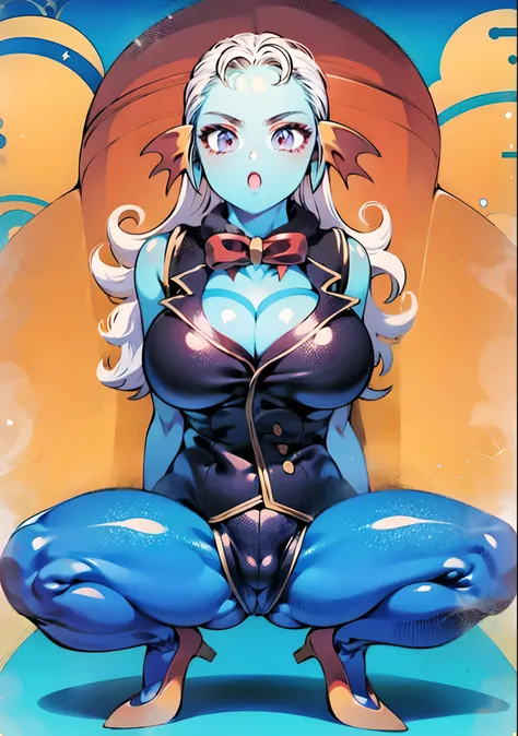 8K, High quality, Animation drawing, married woman, Beautiful, clean, Explained from head to waist, Bright, highlight in eyes, Purple eyes, Sexy, ultra gigantic tits, oversized tits, Erotic, Blue skin, Blue and orange gradient fins, Dark makeup,
Sitting, C...