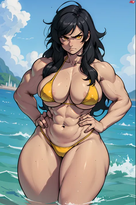 ((1 girl)), ((wide hips)), ((thick thighs)), ((curvy)), ((huge tits)), solo, ((((muscular)))), black hair, yellow eyes, angry, pale sin, tiny bikini, water, very long hair