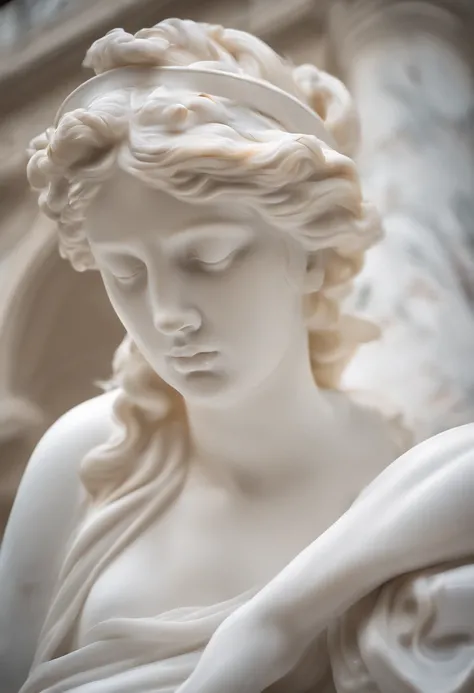 Photo of a white marble statue with the face turned away from a Roman woman