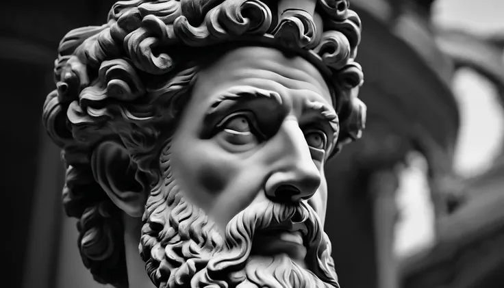 a portrait statue of the stoic Marcus Aurelius in black and white 4K,Face de lado, papel de parede super realista