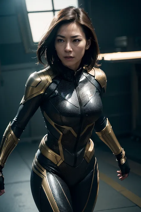 Michelle Yeoh as a superhero, glowing lights, (dynamic pose), (hyper realistic:1.4), (realistic:1.3), (best quality real texture skin), full body, (Cinematic Light), highly detailed skin, skin pores, (highly detailed face:1.1), (highly detailed eyes:1.1), ...