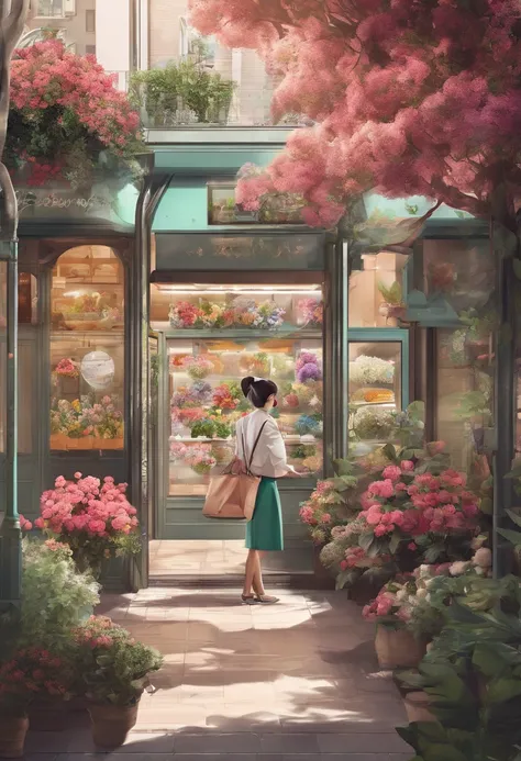 Florist in the city，The interior of the store is simple、Covered with colorful flowers、Large expanses of tree-lined plants，A girl takes care of a bouquet of flowers in a store