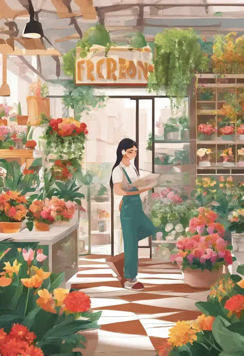 Florist in the city，The interior of the store is simple、Covered with colorful flowers、Large expanses of tree-lined plants，A girl takes care of plants in a store