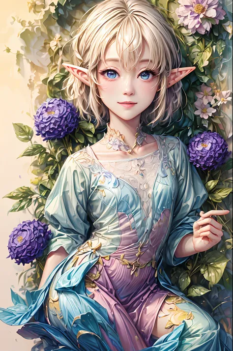 Welcome to the fantasy of unknown lands，(A female elf will guide you，anatomy correct，Accurate and perfect face of European and American cartoon girl)，kindly smile，Beautiful girl with a sense of transparency，beautiful fairie，Small ears，Fly around，kaleidosco...