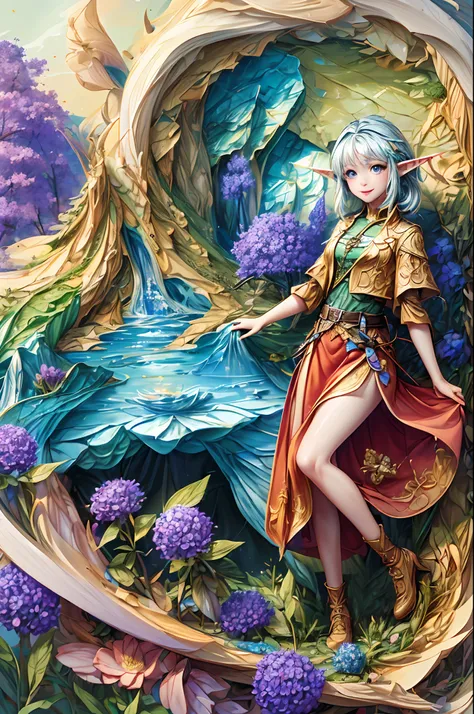 Welcome to the fantasy of unknown lands，(A female elf will guide you，anatomy correct，Accurate and perfect face of European and American cartoon girl)，kindly smile，Beautiful girl with a sense of transparency，beautiful fairie，Small ears，Fly around，kaleidosco...