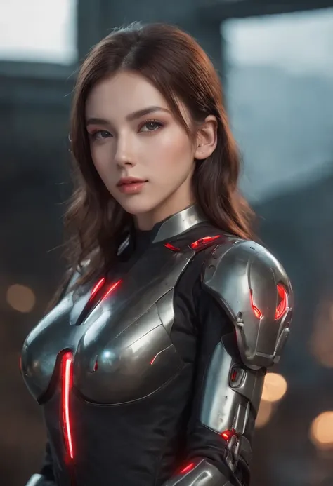 fully body photo，Wearing a mecha combat suit，Bright red reflective color scheme，Possession of firearms and weapons，Latex texture，Boots on his feet，Shiny hair，Full breasts，Muscles full of strength，Slender thighs，Full body portrait photo，Realistic graphics，E...