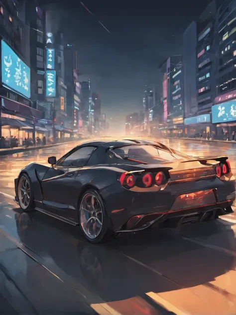 On a moonlit night，A sports car driving on the road，a sense of atmosphere，Exquisite illustrations