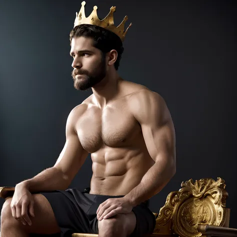 Um homem de 31 anos com barba aparada de cabelo curto, olhar imponente, postura dominante, semi agora, Greek style feet, , olhos castanhos, with a dazzling golden crown on his head , peitoral sem camisa e semi peludo, corpo atletico, sentado em um trono co...