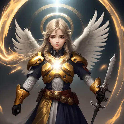 Anjo blindado dourado, asas feitas de energia, halo de metal, encapuzado, ouro, fantasia, arte conceitual, ultra realista, sword in right hand, shield in left hand