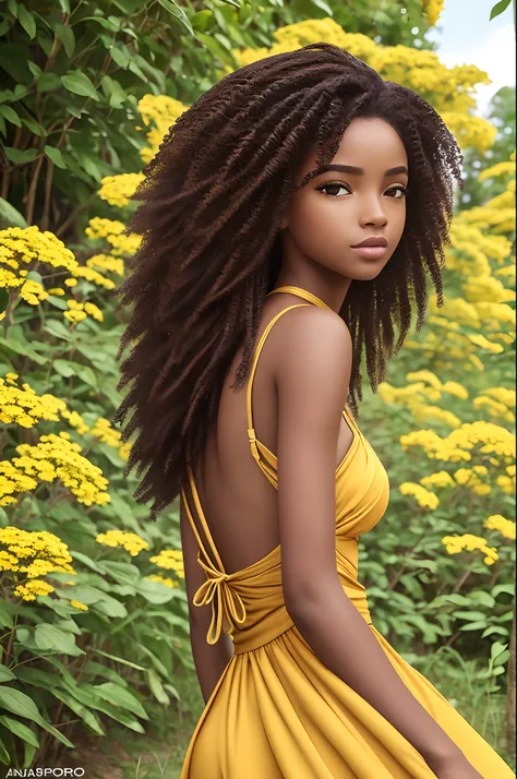 1menina africana africana pele marrom escura:5, olhos verdes cintilantes:2, pose pra foto em um campo se flores, estilo Rapunzel, Paris:5, parque, mega hair cabelos longos4, flores, imagem intrigante, cores vividas, vestido longo florido, sapatos brancos, ...