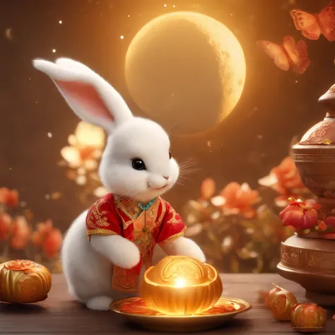 An anthropomorphic cute white rabbit drags mooncakes, Moon, Mid-Autumn Festival theme, (extremely detailed CG unity 16k wallpaper:1.1), (Denoising strength: 1.45), (tmasterpiece:1.37), butterflies flying, Full moon, god rays, ray tracing, UHD, award winnin...