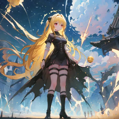 masterpiece, best quality, ultra-detailed, illustration, 1girl, solo, fantasy, flying, floating, yami the golden darkness as a f...