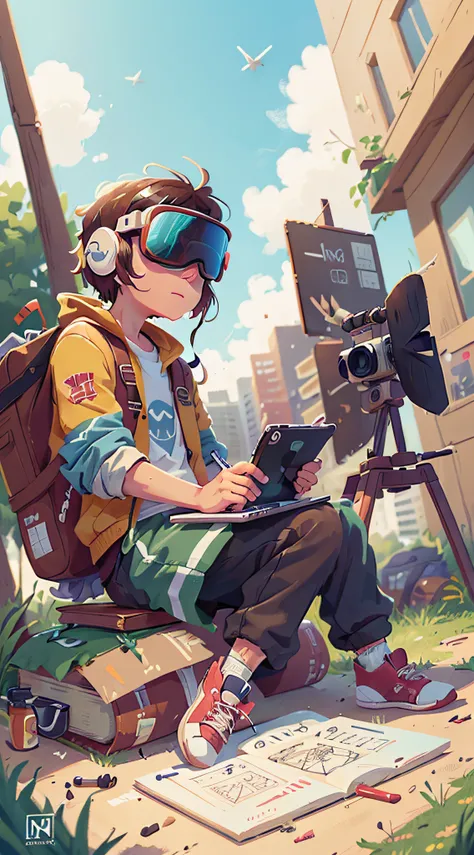 on the campus，There was a man graffiti，Students wearing VR glasses，There is one in heaven（（（UAVs））），（（（Someone is drawing））），There are cartoon animations on the screen，Someone in the back is taking pictures with a camera，There was a man sitting next to him...