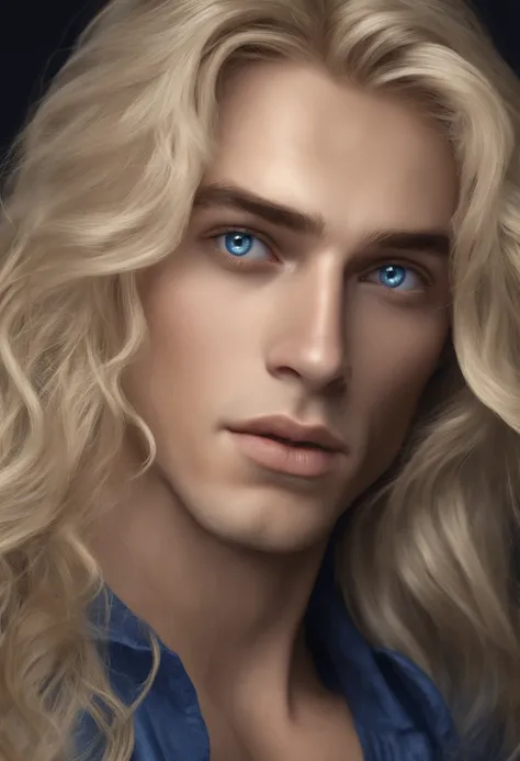 (ultra-detailed, realistic:1.37), sinister, long blond hair coming out of his eyes and head, detailed facial features, extremely detailed eyes and face, imperative expression, long eyelashes, blue clothes, dark background