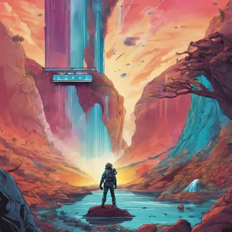 a lever faucet emerging from a waterfall of exploding colors in a space cyberpunk moebius style environment