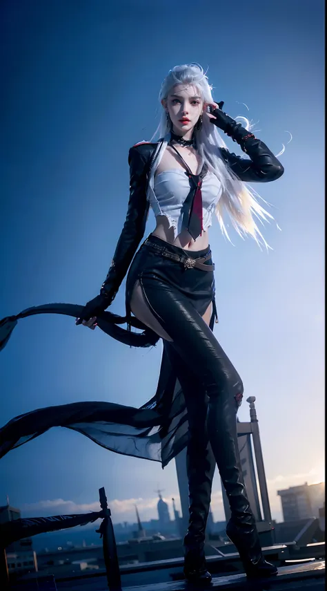 tmasterpiece，Perfect image quality，2048 resolution，1girll, Vampire girl，Close-up Shot Shot, (White hair, Medium hair, Large breasts, Red eyes), Perfect anatomy, City, Cyberpunk Style, ((White shirt, Black jacket, Black skirt, navel, belt, Black gloves, Nec...