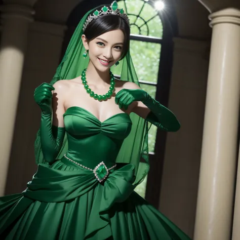 emerald tiara, Green Pearl Necklace, Boyish very short black hair, lipsticks, Japan woman smiling, very short short hair, big breasts beautiful, Green eyes, Long green gloves made of satin material, Green eyes, Emerald Earrings