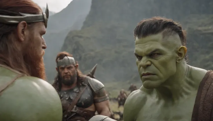 A hundred-armed giant, a cyclops, ork, green body skin, and Zeus in the center, all of them gazing intently at the viewer.