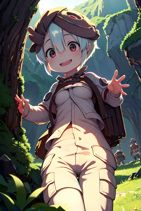 1girl, Tepaste, short hair, red and white hair, pov, ((made in abyss)), smile, backpack, ((Unexplored region)),