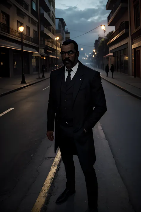 Dark and mysterious detective standing in the middle of the street, homem negro, bigode fino, intelectual