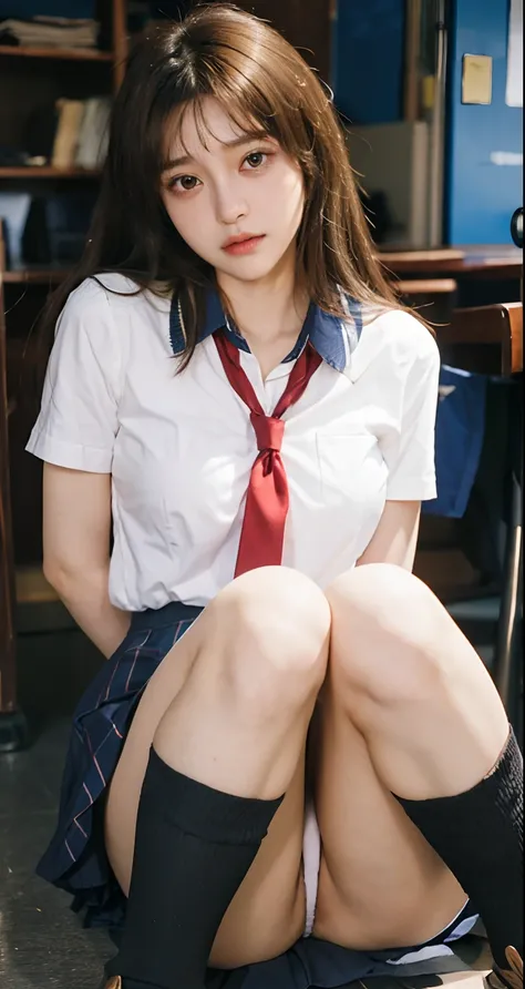 1girl, kasumi in dead or alive, brown straight hair, sad and ashamed face, beutiful, school uniform, realistic school uniform, detail clothes, exposing crocth, classroom background, ultra detail, realistic