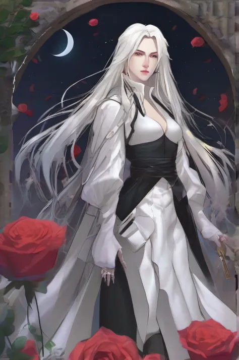 Masterpiece, Highest quality, (solofocus), (Perfect face:1.1), (High detail:1.1), (hyper detail eyes), Dramatic, One has pale skin，A guy with white hair, White eyes, Solo, Long hair, Sephiroth, Moon, Night, white luxury suit, covered navel, pouty lips, fur...