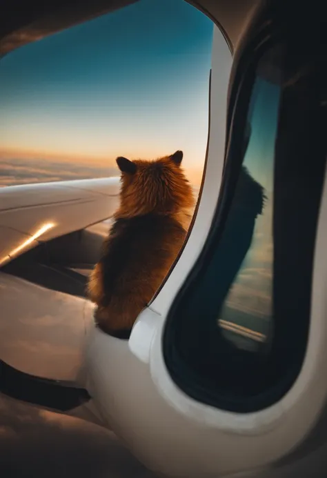 an airplane window with a furry man standing on the wing from the outside