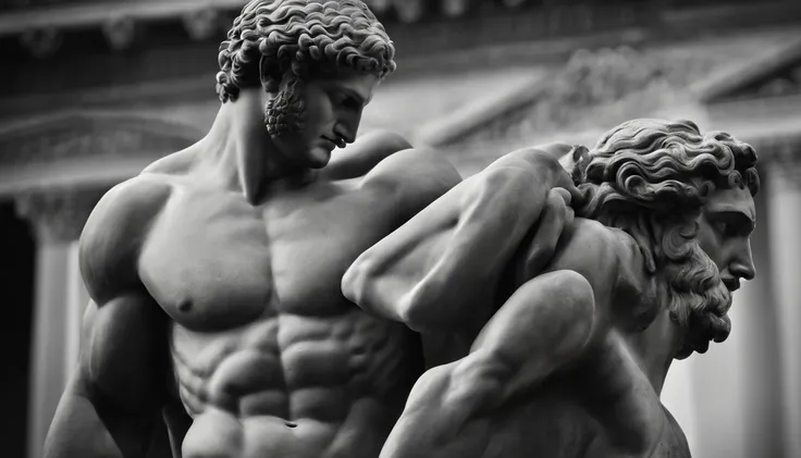 an ancient Greek statue, strong and muscular, image in black and white.