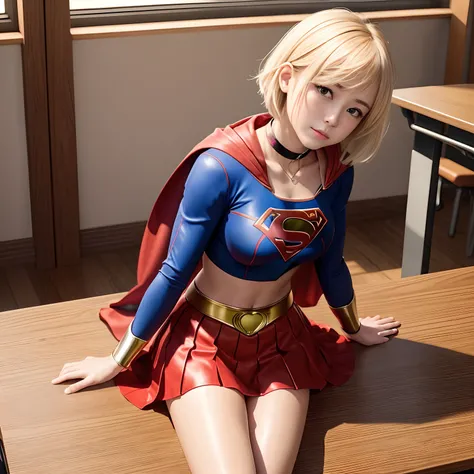 Best Quality,4K,8K,hight resolution,masutepiece:1.2),Ultra-detailed,Realistic:1.37,Super masterpiece,Short-haired Supergirl straddling school desk seducing、large full breasts、Looking at the camera、Glossy costume、shiny bright red skirt、Shortcloak、a choker、e...