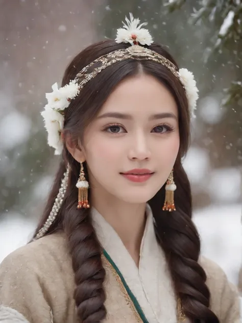 A beautiful girl, big eyes ,very cleanand delicate face, soft and delicate face lines, smiling, optimistic and confident, beautiful long braids, Wear some traditional rich Tibetan ornaments, flowers and beads,side face, side view, long shot,  very delicate...