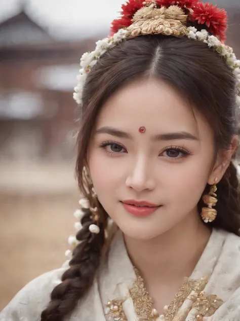 A beautiful girl, big eyes ,very cleanand delicate face, soft and delicate face lines, smiling, optimistic and confident, beautiful long braids, Wear some traditional rich Tibetan ornaments, flowers and beads,side face, side view, long shot,  very delicate...