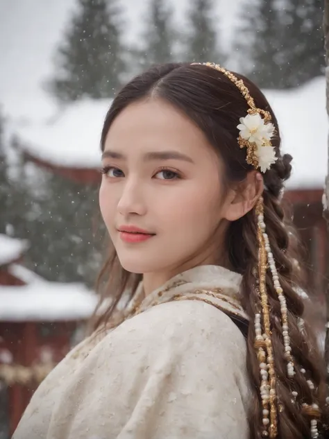 A beautiful girl, big eyes ,very cleanand delicate face, soft and delicate face lines, smiling, optimistic and confident, beautiful long braids, Wear some traditional rich Tibetan ornaments, flowers and beads,side face, side view, long shot,  very delicate...