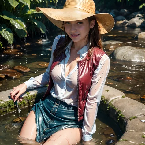 36 yo woman sitting in the water, layered clothing, (long sleeved shirt), (vest), (long denim skirt), colorful clothes, glistening wet, closeup fantasy with water magic, beautiful maiden, cleavage, firm breasts,  pond, sunlight, bright daylight, smile, wea...