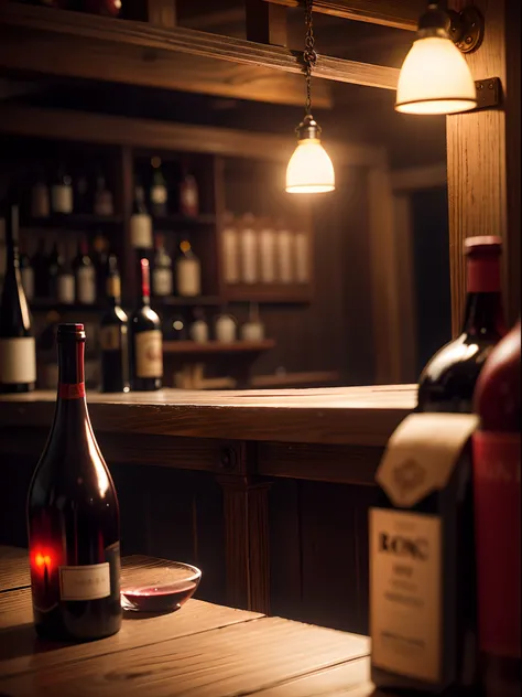 A bar, old time, wooden tables decorations, focuse on the red wine bottle, realistic light, dark moody background, bar, photography shot with Sony Alpha A3