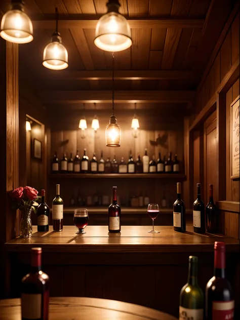 A bar, old time, wooden tables decorations, focuse on the red wine bottle, realistic light, dark moody background, bar, photography shot with Sony Alpha A3