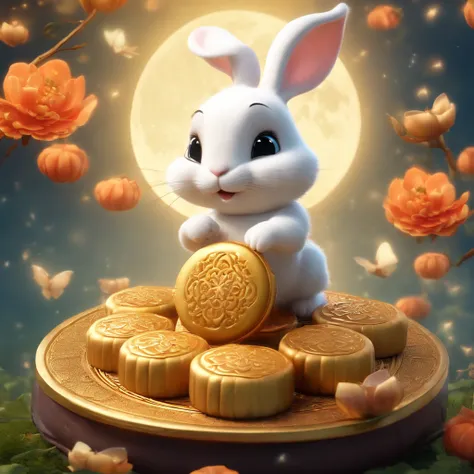 An anthropomorphic cute white rabbit drags mooncakes, Moon, Mid-Autumn Festival theme, (extremely detailed CG unity 16k wallpaper:1.1), (Denoising strength: 1.45), (tmasterpiece:1.37), butterflies flying, Full moon, god rays, ray tracing, UHD, award winnin...