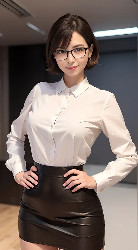 ((top-quality、8K、​masterpiece:1.3)), full body Esbian, long legged, foco nítido:1.2, Beautiful woman with perfect body shape:1.4, Slender Abs:1.1, The background is office, ((dark brown  hair、short-cut、Colossal tits:1.2)), (Black tight skirt, White collare...