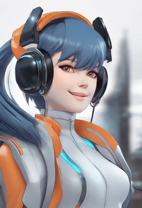 Holographic virtual character smiling, olhando para o lado, fundo branco, estilo futurista, with futuristic headset, futuristic shoes, cabelos pretos e curtos, appearance of Hinata from the Naruto anime