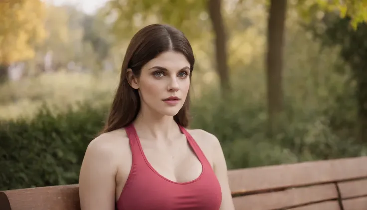 Real photo Alexandra Daddario Amazing beautiful woman in a beautiful park dressed in gym clothes sitting on a bench, (big tits:1.5) detailed body, agfa vista (masterpiece:1.4) (photorealistic:1.6) (bokeh) (best quality) (in a beautiful park) (intricate det...