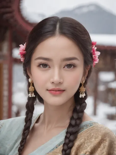 A beautiful girl, big eyes ,very cleanand delicate face, soft and delicate face lines, smiling, optimistic and confident, beautiful long braids, Wear some traditional rich Tibetan ornaments, flowers and beads,side face, side view, long shot,  very delicate...