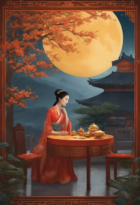 an osmanthus tree，Ancient architecture，Moon，Change，large moon，desks，Girl eating mooncakes at dinner table，