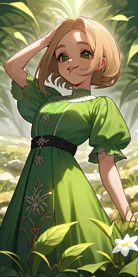 (obra-prima, melhor qualidade),1garota com longos cabelos brancos sentada em um campo de plantas e flores verdes, Opening the blouse with your tongue out,warm ilumination, vestido branco, primeiro plano desfocado