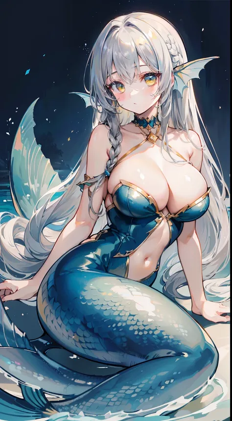 (top-quality、​masterpiece、high-level image quality、Super delicate)、((a beauty girl))、(smooth dull gray hair)、(Curly Long Hair、Long bangs)、(Braided hair)Yellow eyes like a brilliant sunset、Black Choker、Moderately large breasts、((Bluetail Fin Mermaid))