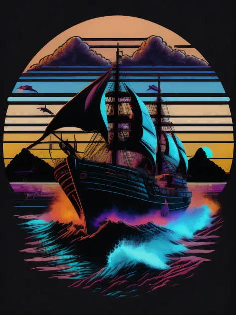 Ship sailing into the sunset, 80s vector image, T-shirt design, isolated, black background, blue orange illustration and purple only