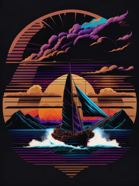 Ship sailing into the sunset, 80s vector image, T-shirt design, isolated, black background, blue orange illustration and purple only