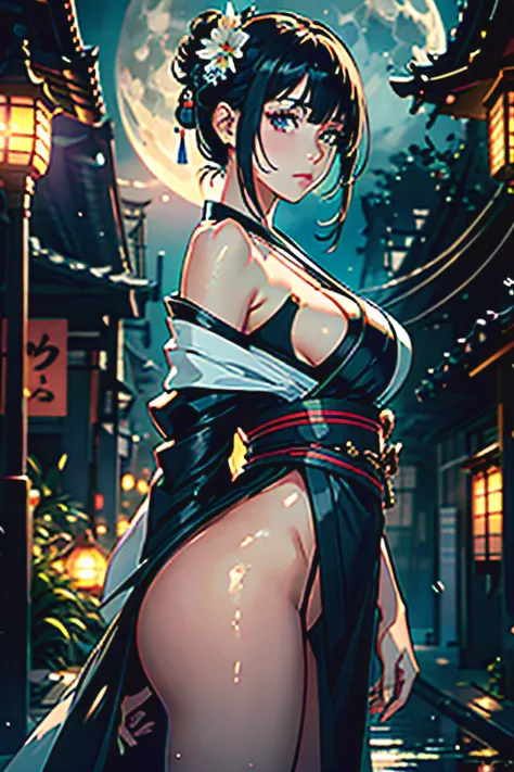 cyberpunk, 1girl, breasts, moon, lantern, night, solo, large breasts, hair ornament, kimono, japanese clothes, hair flower, flower, outdoors, sky, full moon, rain, black hair, off shoulder, holding, sash, bare shoulders, paper lantern, standing, white kimo...